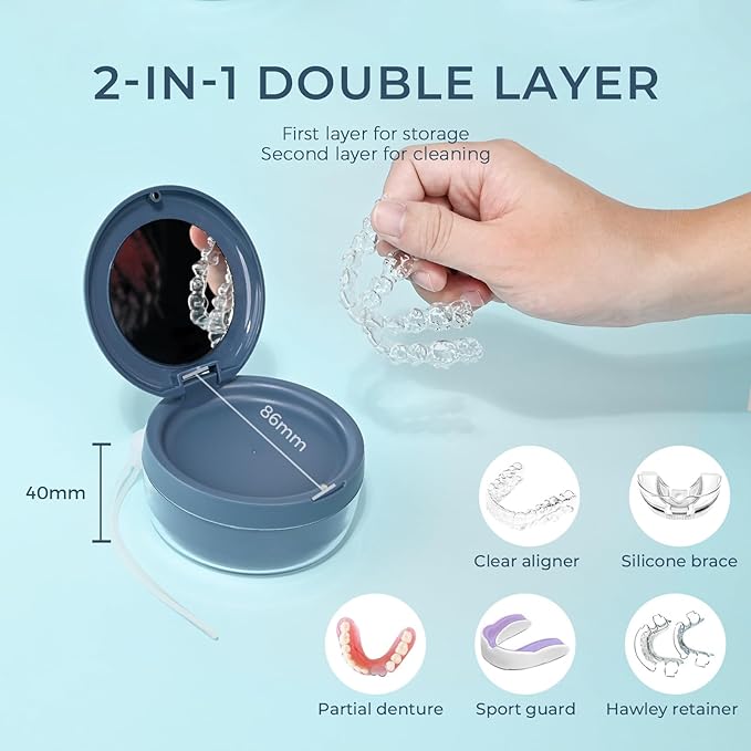 Denture Case, Leak Proof Denture Bath Cup, Denture Soaking Container Cups for Dentures, Retainers, Mouth Guard Storage Case, Full & Partial Denture Cleaning Holder Box with Strainer, Blue