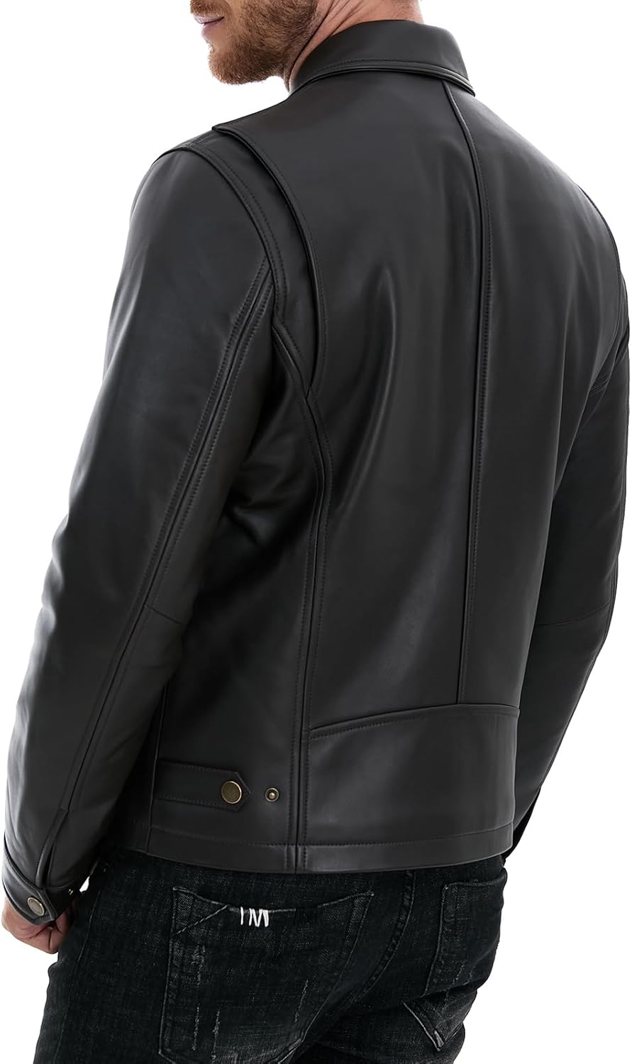 Leather Jacket Men,Lambskin Jacket with Full Zip Front,Casual Style,Tailored Design,Metal Snap Cuffs