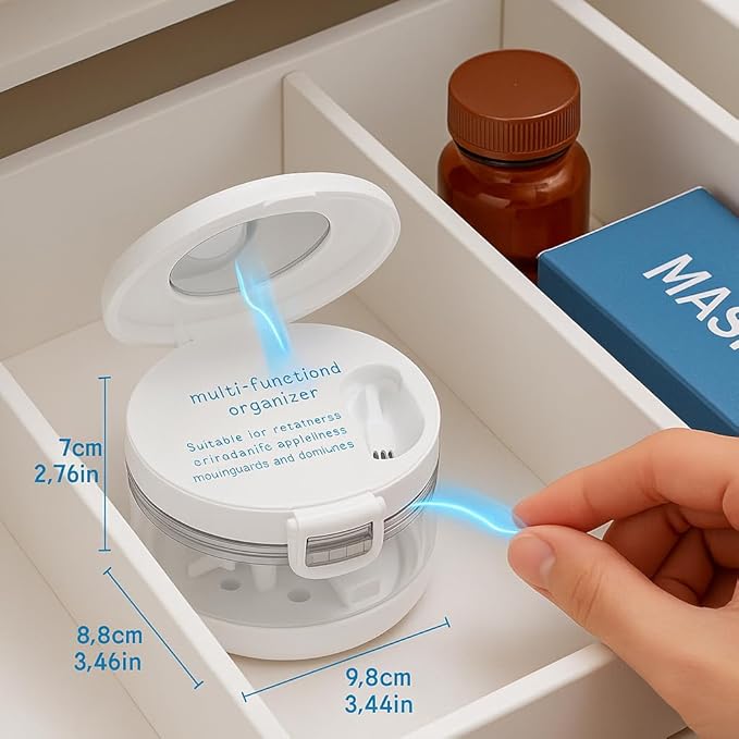 Leak-proof denture cup and travel case with mirror, brush, filter and tools. Multi-purpose denture cleaning kit with filter for denturesretainers and aligners