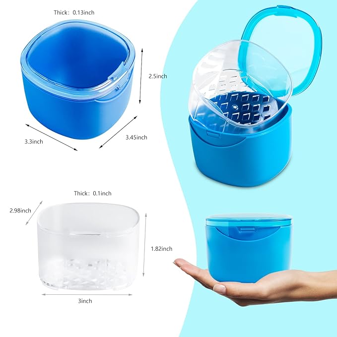 Denture Bath Case, Retainer Cleaning Box,No-Leak Denture Case, Mouth Guard, Night Guard and Retainer (blue)