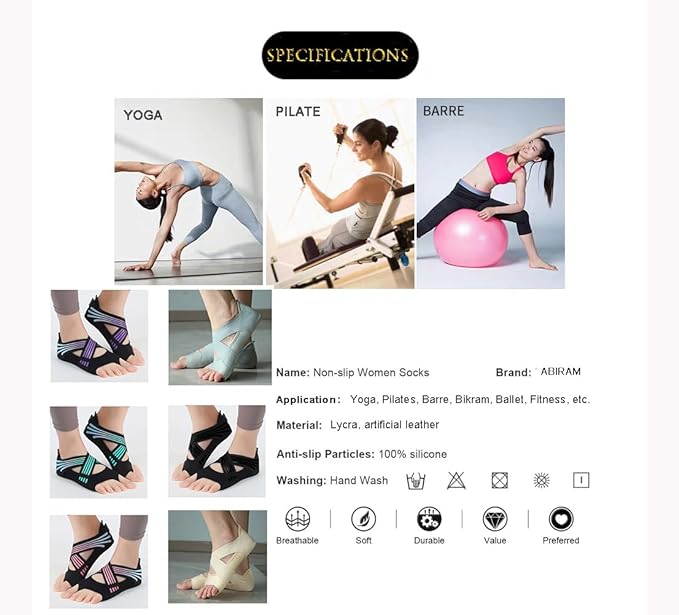 ABIRAM Yoga Socks Toeless Non-Slip Grips & Straps, for Pilates, Barre, Ballet, Bikram, Workout for Women