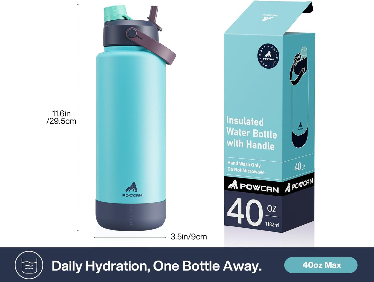 40 oz Insulated Water Bottle with 2-in-1 Straw and Spout Lid, Keep Cold 24H, Leak-Proof, BPA-Free, Double Wall Stainless Steel Water Bottle for Sports, Gym, Travel, and School (Big Wave)