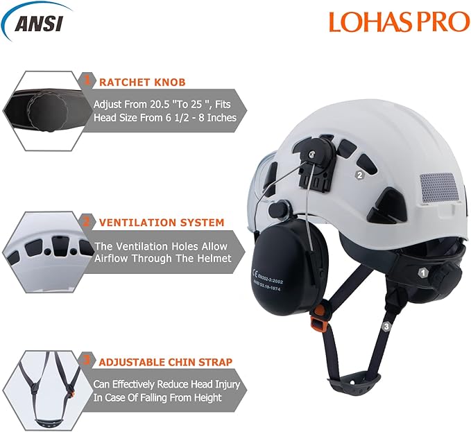 LOHASPRO Arborist Forestry Helmet Safety Hard Hat with Visor and Ear Muffs for Tree Service Logging Cutting Wood Chainsaw Helmet Garden Work Trimming Mowing(P91 White+Clear Visor+Earmuff)