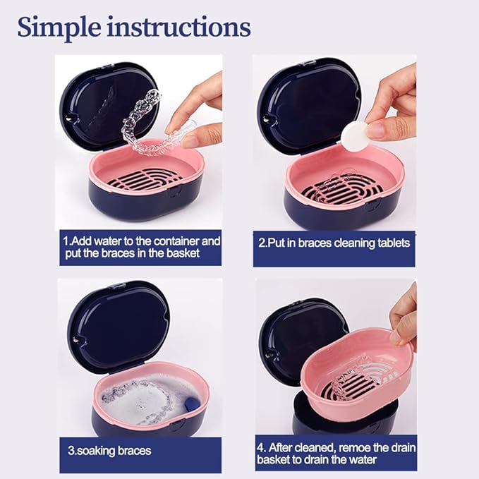 Dentures Case, Denture Bath Case Cup Box Double Layer Dry and Wet Separation Portable False Teeth Container, Denture Cup with Lid for Cleaning Household Office Travel(Blue)