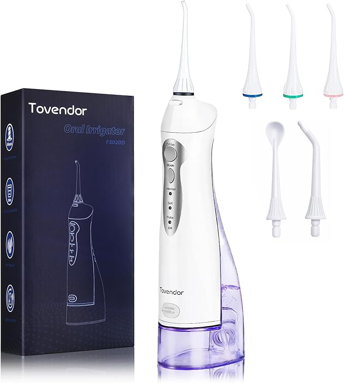 TOVENDOR Electric Water Dental Flosser Teeth Pick, Cordless Flossers Oral Irrigator IPX7 Waterproof 300ML Rechargeable Travel Water Teeth Cleaner with 5 Tips for Home Braces Care Gums Deep Cleaning