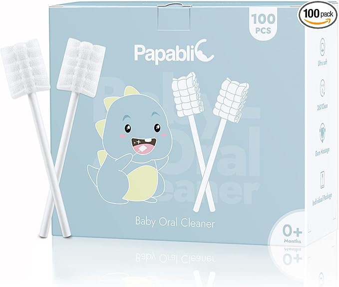 Papablic Baby Tongue Cleaner, Baby Oral Cleaner, Disposable Infant Mouth Cleaner Newborn, Upgrade Gum Cleaner with Paper Handle or Infants Ages 0-2 Years, 100 Pack