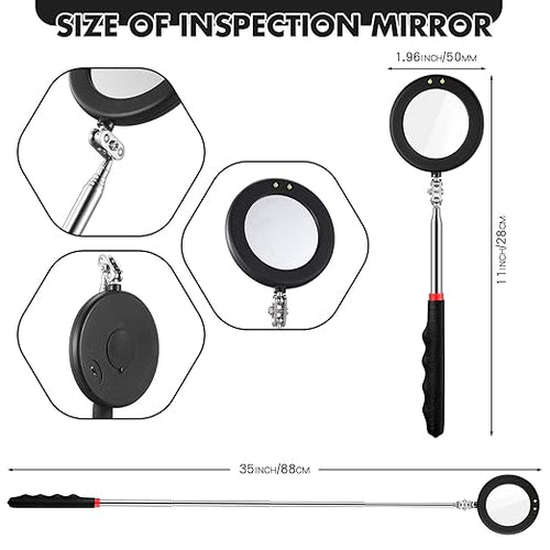 1 Pcs Telescoping Inspection Mirror Mechanics Automotive Tool with Long Handle Extendable Mirror on a Stick for Technicians Mechanics Contractors Checking Observation(Black,Round with Light)