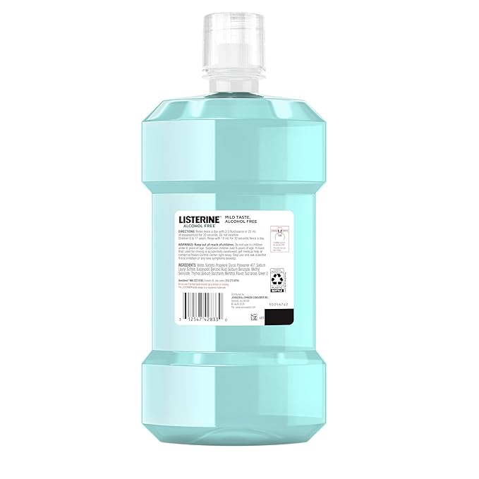 Listerine Alcohol-Free Mouthwash, Non Alcoholic Mint Oral Rinse Kills 99.9% of Germs That Cause Bad Breath for a Fresh Breath & Clean Mouth, Less Intense Taste, Cool Mint Flavor, 1 L