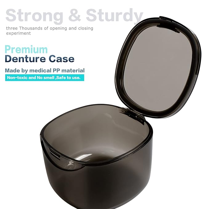 Upgraded Denture Bath Box Cup, No-Leak Denture case,Retainer Cleaning Box, Complete Clean Care for Dentures, Clear Braces, Mouth Guard, Night Guard & Retainers (transparent grey)