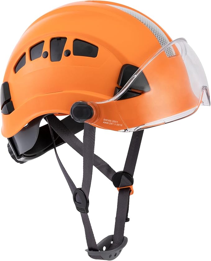 LOHASPRO Hard Hats Construction Safety Helmet with Visor ANSI Z89.1 Approved OSHA Hardhat, Vented Men Work Hard Hat with Chin Strap Tree Climbing Arborist Helmet (P4 Orange+Clear Visor)