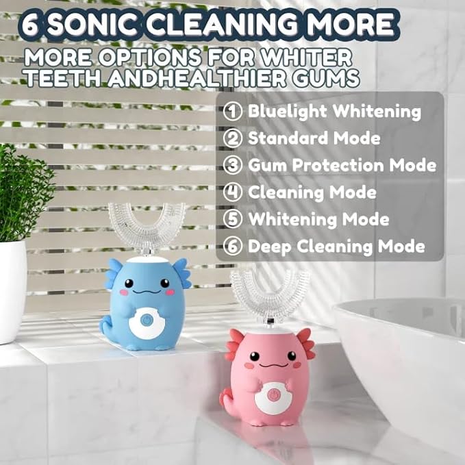 Kids Electric U Shaped Toothbrush - Axolotl Kids Sonic Toothbrush with 6 Brush Head Automatic Rechargeable 6 Cleaning Modes Full Mouth Cleaning-Blue