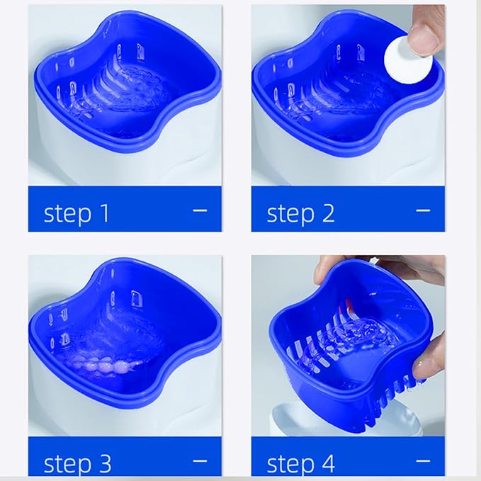 Easyinsmile Denture Bath Case with Brush for Travel Denture Cups for Soaking Dentures Retainer Cleaning Container Case with Strainer and Lid (Blue)