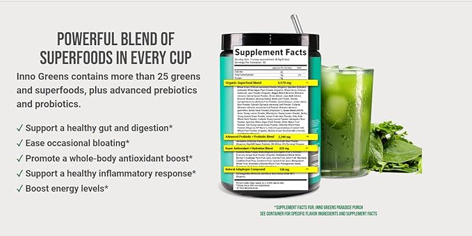 Inno Greens | 28+ Organic Greens & Superfoods | Advanced Prebiotics + Probiotics | Super Antioxidant + Hydration | Spirulina, Chlorella, Ashwagandha | Natural | 30 Servings (Strawberry Banana)