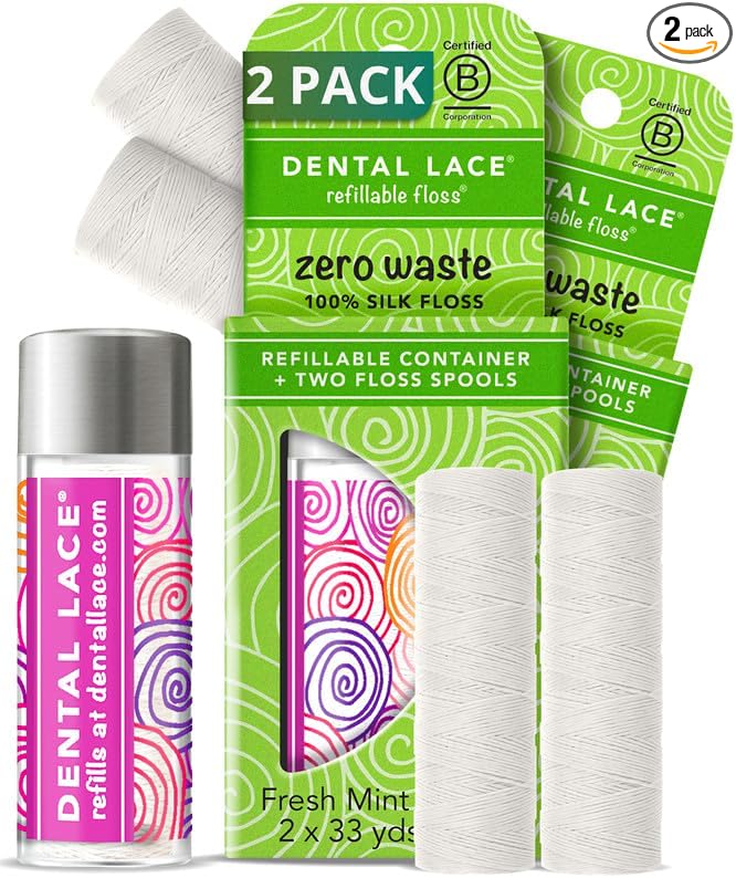 Dental Lace Refillable Silk Dental Floss – 100% Silk Floss with Mint Flavor, PFAS & PTFE Free – 1 Refillable Pink Glass Floss Container and 2 Spools (66 Yards) - Recyclable Packaging (Pack of 2)