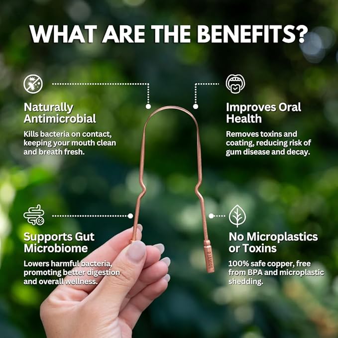 PRIMALS Copper Tongue Scraper - Fresher Breath & Improved Oral Health - Natural Ayurvedic Cleaner for Daily Detox - Rust-Resistant, Eco-Friendly with Travel Cloth Pouch Included (1 Count)