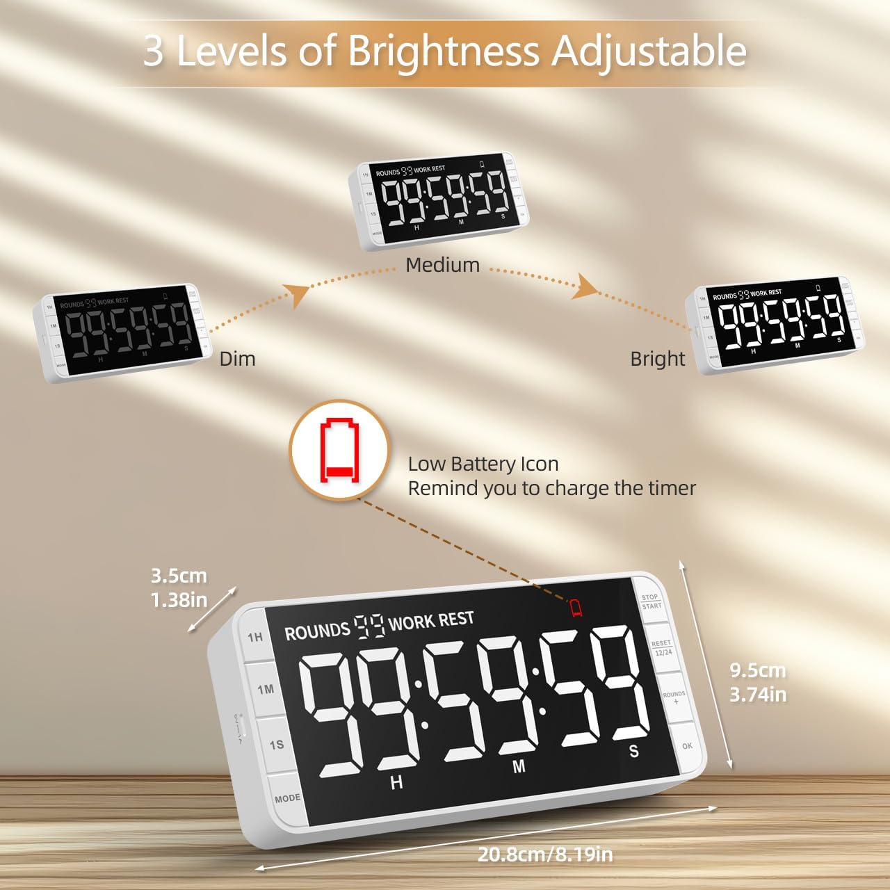 7.8'' Extra Large LED Kitchen Timer: 99H Countdown Countup with 3 Brightness, 5 Alarms & 4 Volume Levels, Magnetic Rechargeable Timer for Cooking, Classroom, Home Gym