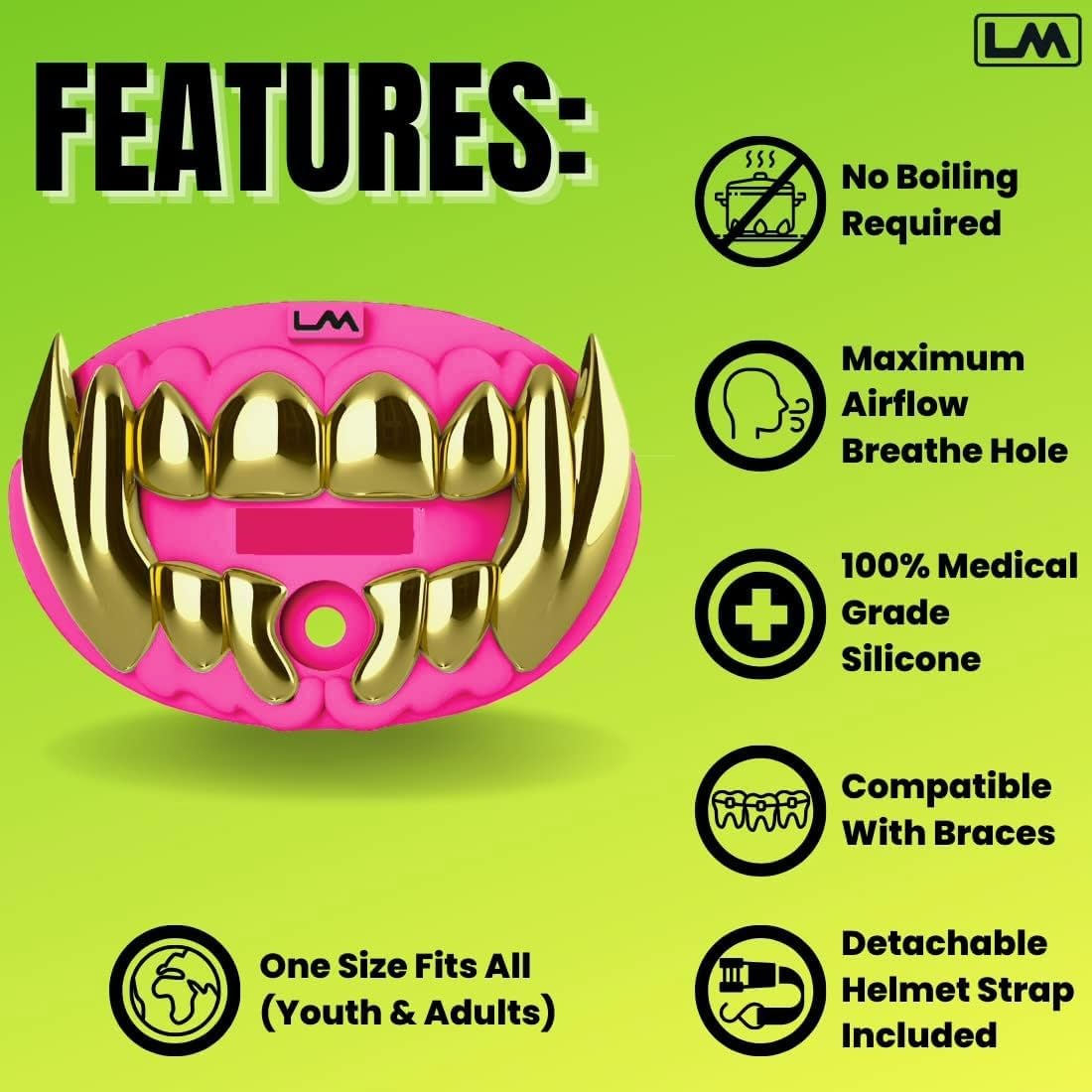 Loudmouth Football Mouth Guard - 3D Chrome Beast Football Mouthpiece, Fits Adult & Youth Ages 5+, Accessories Mouth Guard (3D Chrome Beast - Fluorescent Pink)