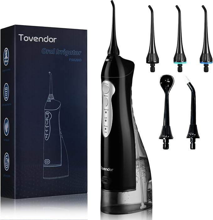 TOVENDOR Electric Water Flosser, Rechargeable Dental Oral Irrigator - 3 Modes, 5 Tips for Teeth, Gums, Braces, Dental Care, Family Oral Health (300ML, IPX7Waterproof Waterflosser)