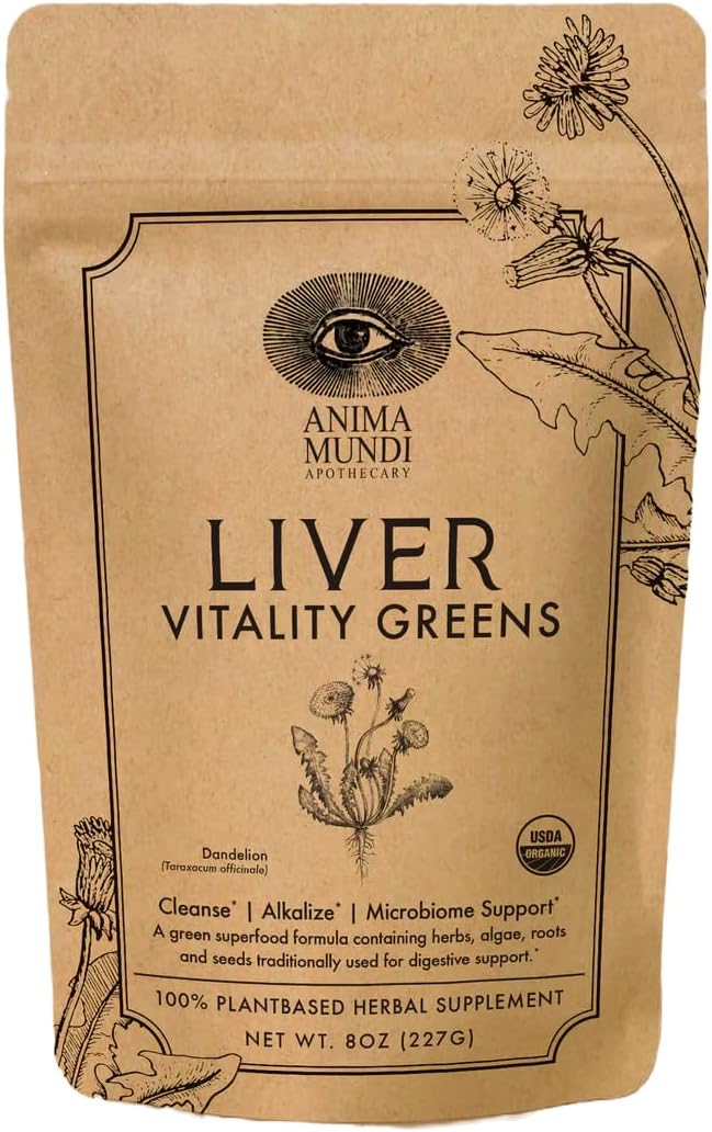 Anima Mundi Apothecary Super Greens Powder - Liver Vitality - Organic Superfood Greens & Herbal Prebiotics for Liver Detox, Cleanse & Support - with Fair Trade Dandelion, Milk Thistle & More (8oz)
