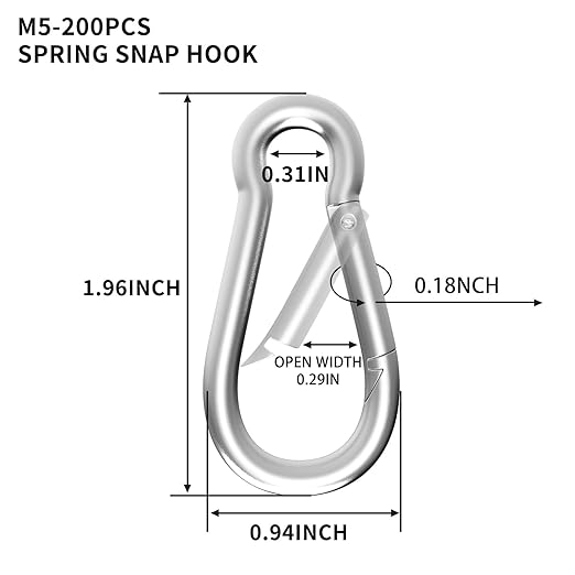 200PCS M5 Spring Snap Hook Carabiner, 2IN Heavy Duty Galvanized Steel Carabiner Clip, 220LBS Holding Capacity Spring Clips for Hammock Swing Outdoor Travel