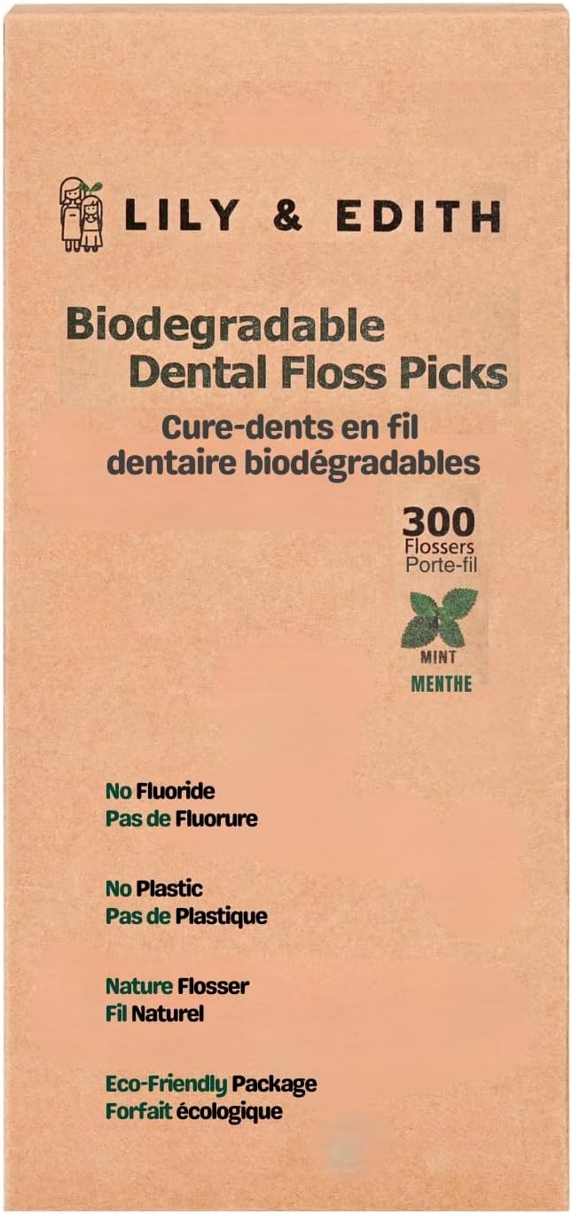 LILY & EDITH Biodegradable Dental Floss Picks Adults and Kids 300 Counts, Fluoride-Free, Plant Based Straw Wheat Material, Zero Waste Package, Shred Resistant (Mint)