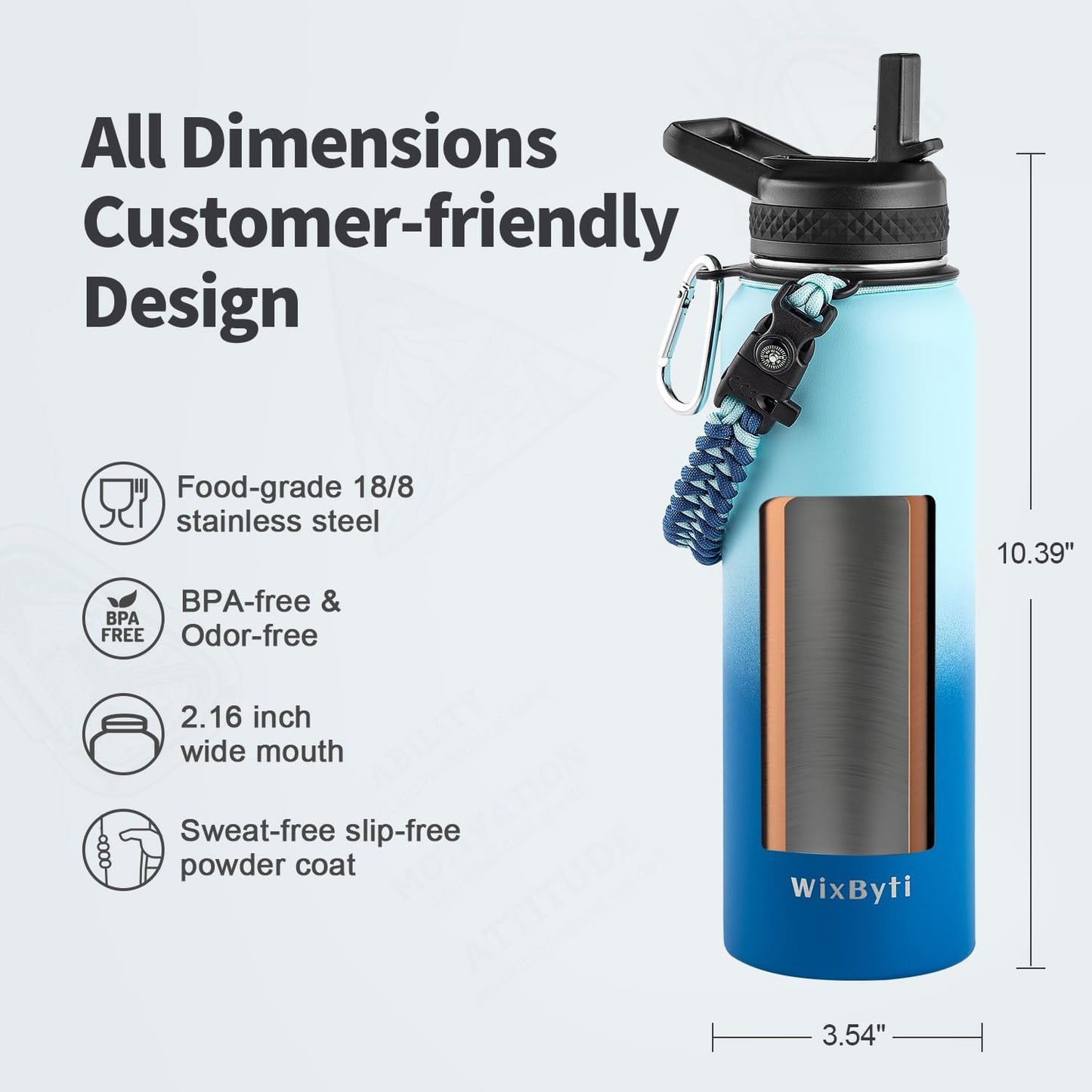 40 oz Insulated Water Bottle with Straw (Cold for 48 Hrs), Stainless Steel Triple Wall Vacuum Sports Water Jug, Leakproof Hydro Cup Flask with Paracord Handle & Straw Spout Lids & DIY Stickers