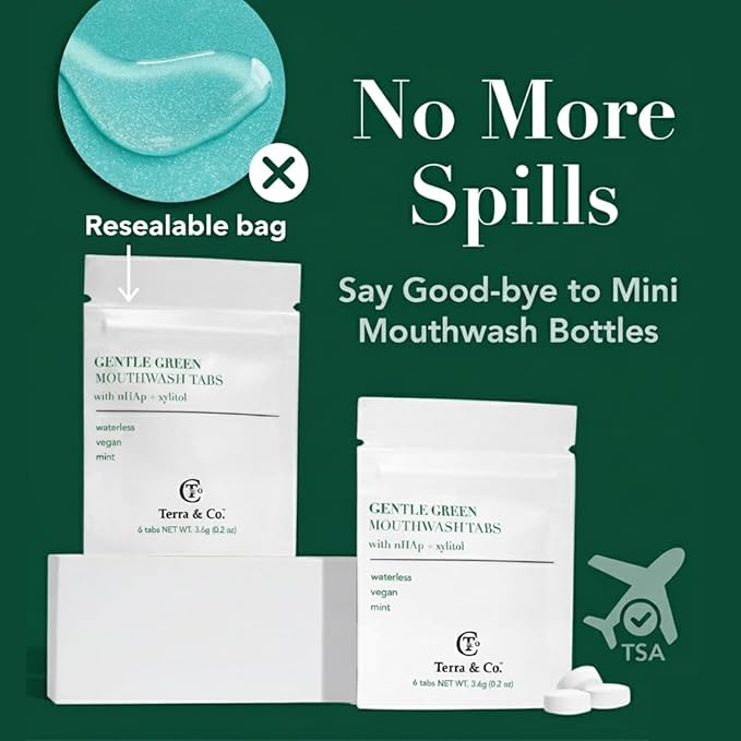 Terra & Co. Gentle Green Toothpaste Tablets – 5 Travel Sachets with 6 Fluoride-Free Tabs Each – Nano-Hydroxyapatite Mouthwash for Oral Health – TSA-Compliant, Plastic-Free, Mint Flavor, Eco-Friendly