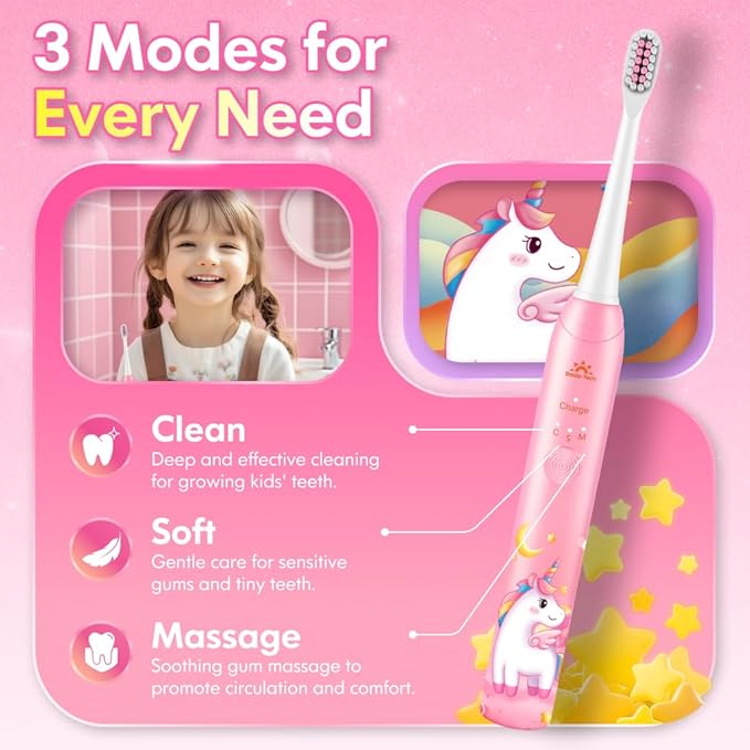 Kids Toothbrush Electric Girls Electric Toothbrush Rechargeable Age 3-5-6-12-18 Year Old, 3 Modes 4 Vibrating Heads Habit-Forming Stickers 31000VPM Girls Toothbrush (Unicorn Pink)
