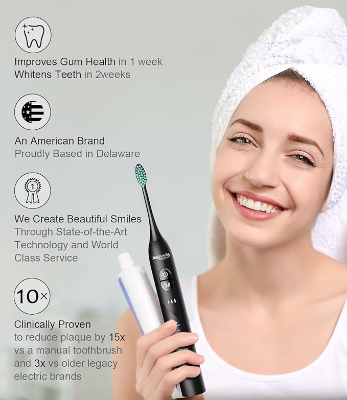 BAOVERI Electric Toothbrush with 6 Dupont Brush Heads, Rechargeable Ultrasonic Electric Toothbrushes, IPX7 Waterproof, 5 Modes, 2 Minutes Smart Timer, 4 Hours Fast Charge for 60 Days