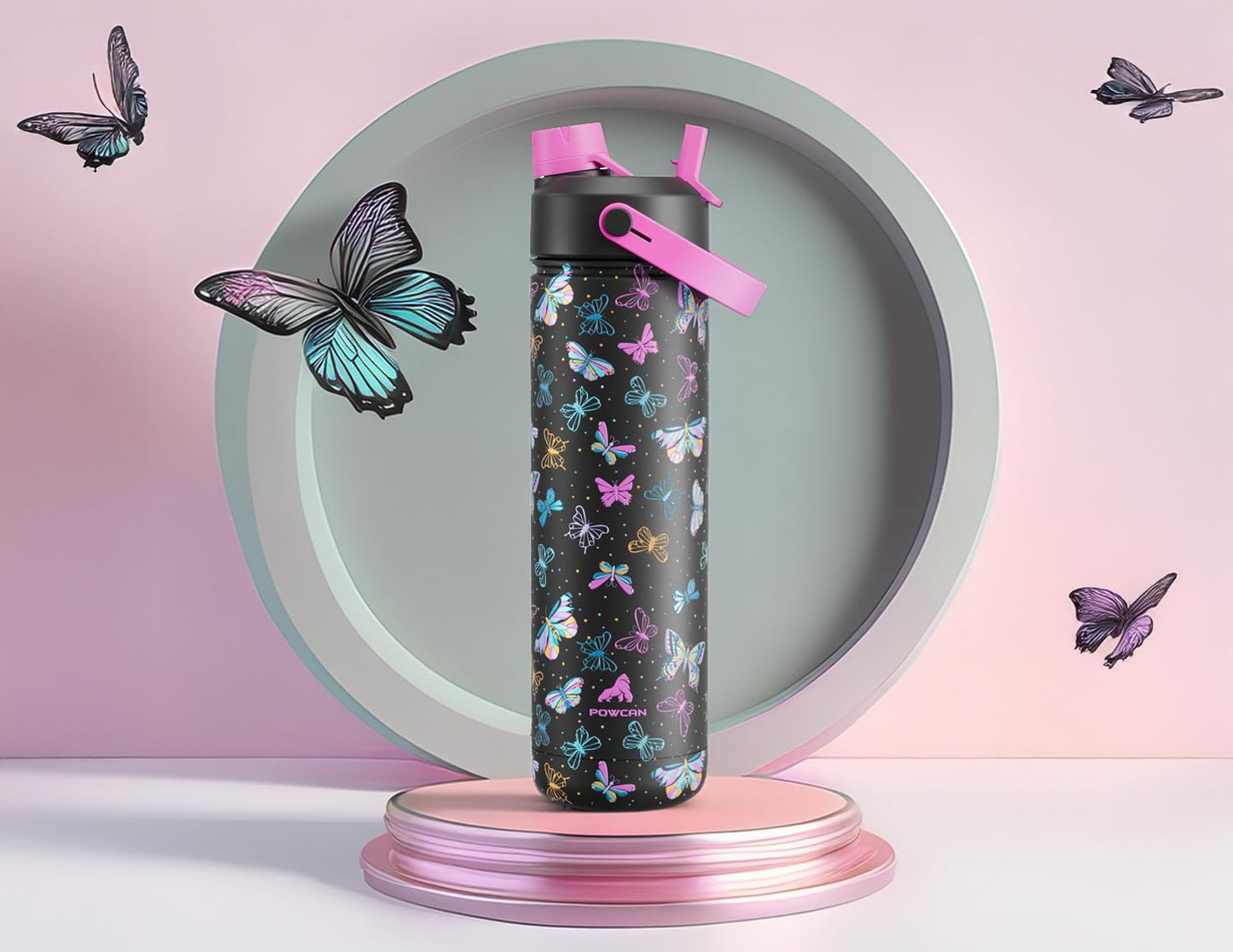 26 oz Insulated Water Bottle with 2-in-1 Straw and Spout Lid, Keep Cold 24H, Leak-Proof, Fits in Car Cup Holder, Stainless Steel Water Bottle for Sports, Travel, and School (Butterfly Kaleido)