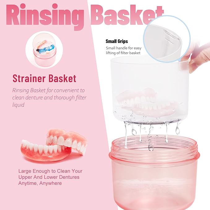 Leak Proof Travel Denture Bath Case for Full Dentures, Denture Cups for Soaking Dentures, Denture Container Cups with Brush for Dentures, Aligner, Retainers, Mouth Guard (Transparent Rouge)