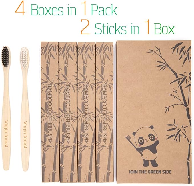 Virgin Forest Bamboo Toothbrushes, 8 Pcs Soft Bristle Toothbrush, Eco-Friendly Toothbrushes, Biodegradable Toothbrushes, Natural Wooden Toothbrush, Charcoal Toothbrushes