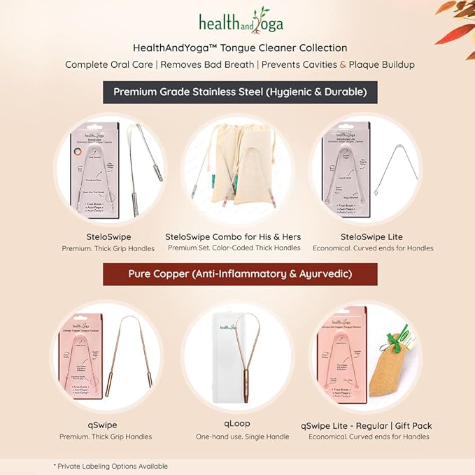 HealthAndYoga™ SteloSwipe His and Hers Premium Tongue Cleaners for Partner and You (2 pcs) - Quality Steel Tongue Scrapers with Color Identifying Hygienic Steel Grips