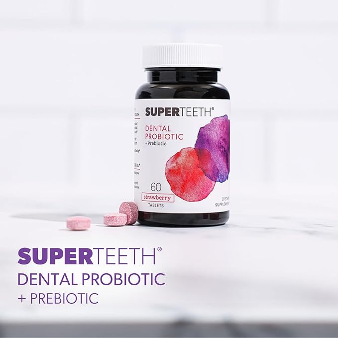 SuperTeeth Chewable Dental Probiotic for Kids & Adults | Supports Healthy Teeth & Gums | Oral Health | Fights Bad Breath | BLIS M18 | 60 Strawberry Flavored Tablets | Fluoride & Sugar Free | Vegan
