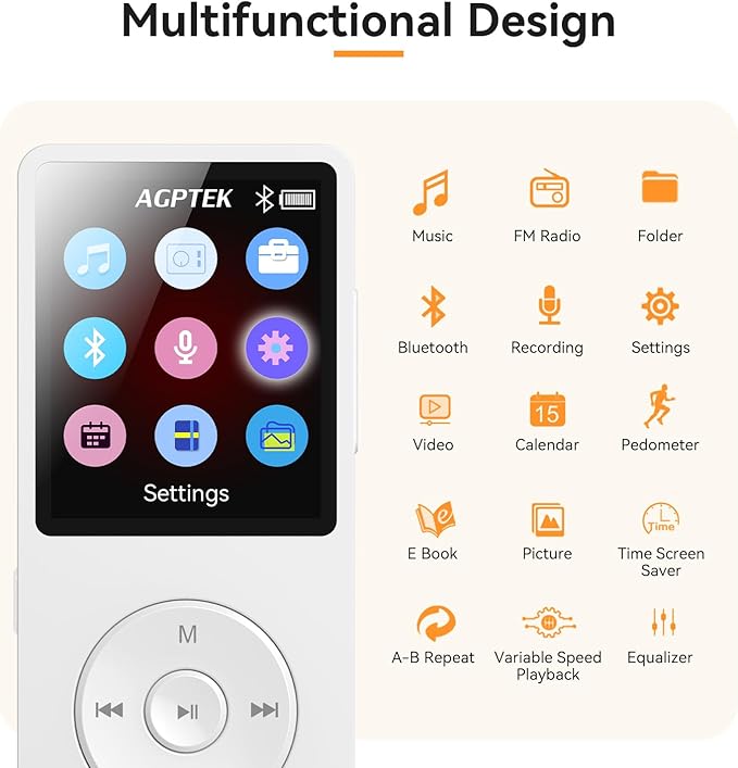 AGPTEK A02 MP3 Player with Bluetooth 5.3, 1.8 inch Screen Portable Music Player with Speaker, FM Radio, Voice Recorder, Supports Expanded Up to 128GB(White, 64GB)
