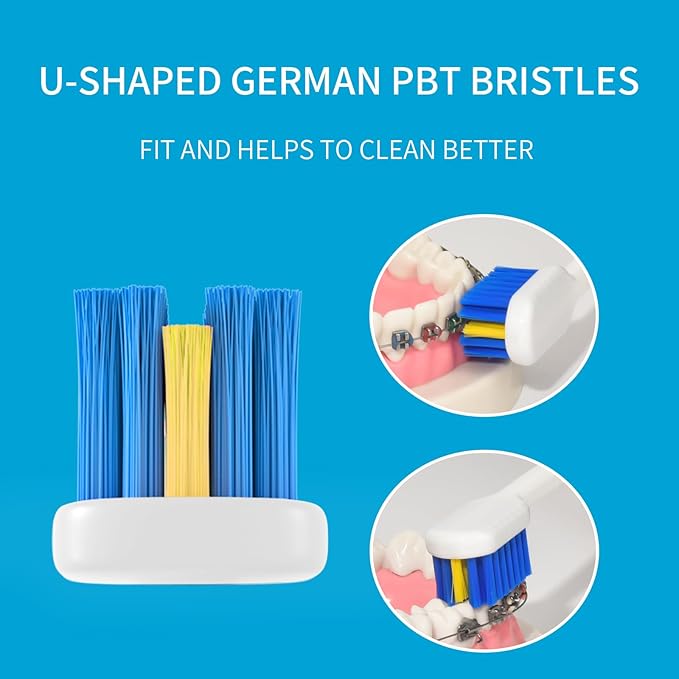 4 Pcs Orthodontic Toothbrush for Braces U-Shaped Soft Bristle with 4 Toothbrush Head Cover（Blue+White (4 Pack)