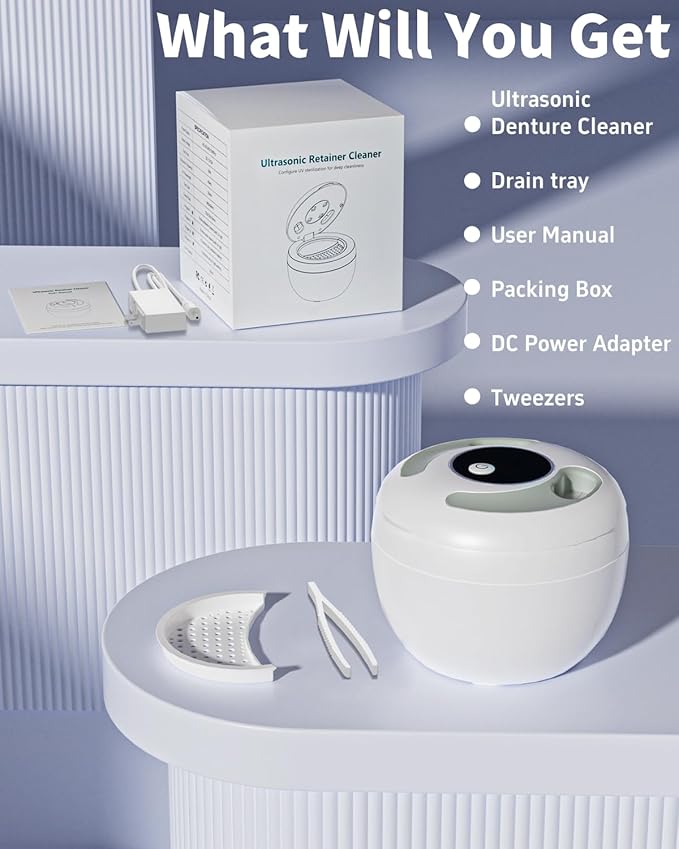 Dental Ultrasonic Retainer Cleaner Machine 45kHz, UV Denture Cleaner with 4 Modes Digital Timer, Portable 200ML UltraSonic Cleaning Pod for Night Mouth Guard, Aligner, Braces, Jewelry and More-White