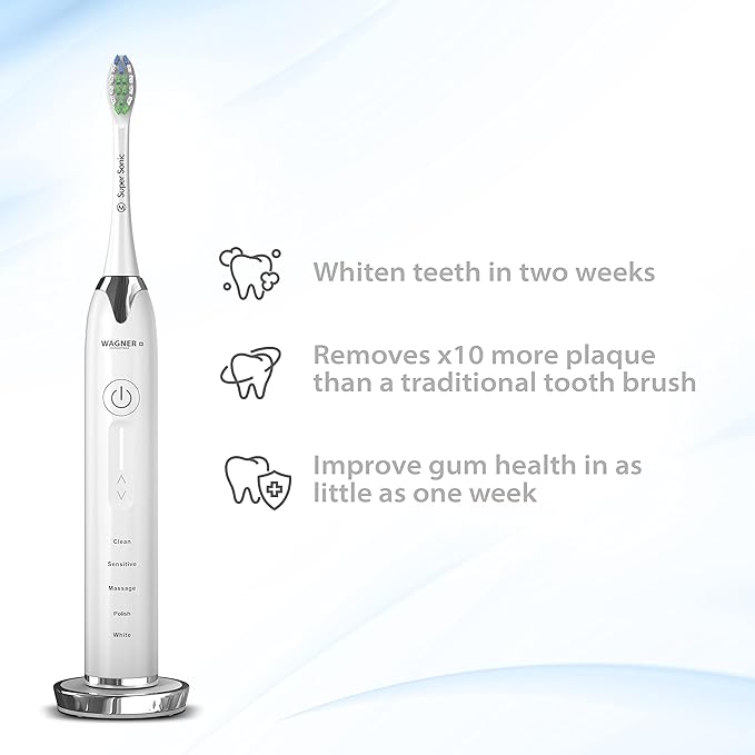 Wagner Stern Ultrasonic whitening Toothbrush with Pressure Sensor. 5 Brushing Modes and 4 Levels of Intensity, 8 Soft bristles, Travel case.
