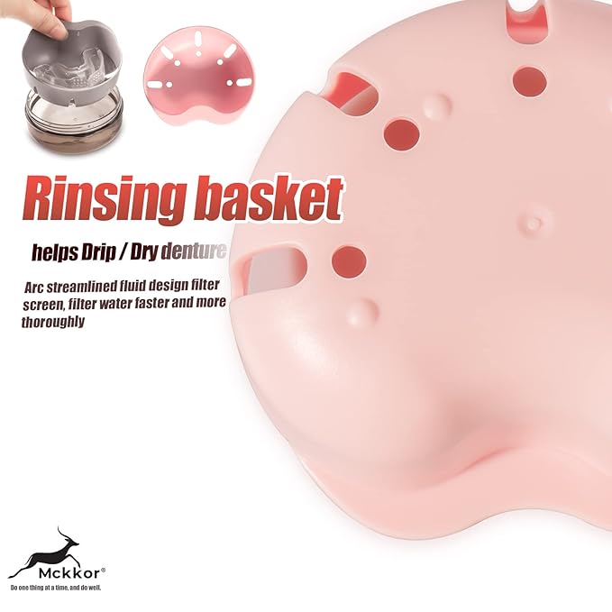 Denture Case, Definitely No-Leak Denture Bath Box for Traveling Perfectly, Denture Cup with Strainer & Mirror(Pink)
