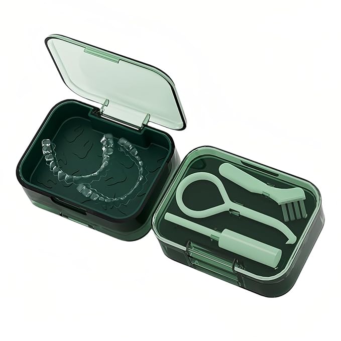 Retainer and Aligner Case - Double Layer with Double Sided Opening Lid, Mouthguard & Night Guard Storage Cleaning Case, with Removal Tool, Brush and Chewer (Green)