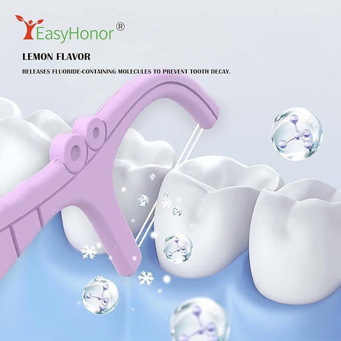 EasyHonor Dental Floss Picks,Twin-Line Lemon Flavor Dental Flossers, Dual Action Flossing System, Easy Carry and Pick, 156 Count Floss Sticks in 3 Portable case.(Purple, Lemon)