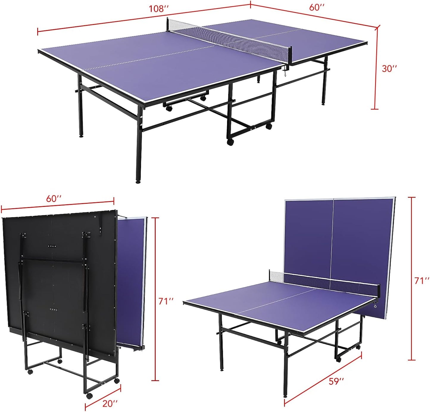 9FT Portable Ping Pong Table,Professional Indoor/Outdoor Table Tennis Tables with Net for Adults/Teens, 2 Tennis Paddles and 3 Balls, Easy Assembly,Single Player Playback Mode