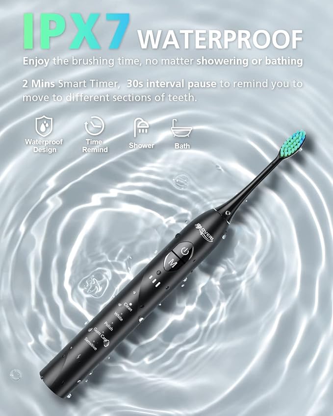 BAOVERI Electric Toothbrush with 8 Brush Heads, 42000 VPM Rechargeable Sonic Toothbrushes, 5 Modes & 3 Intensity Levels, IPX7 Waterproof, 2 Minutes Smart Timer, 4 Hours Fast Charge for 60 Days