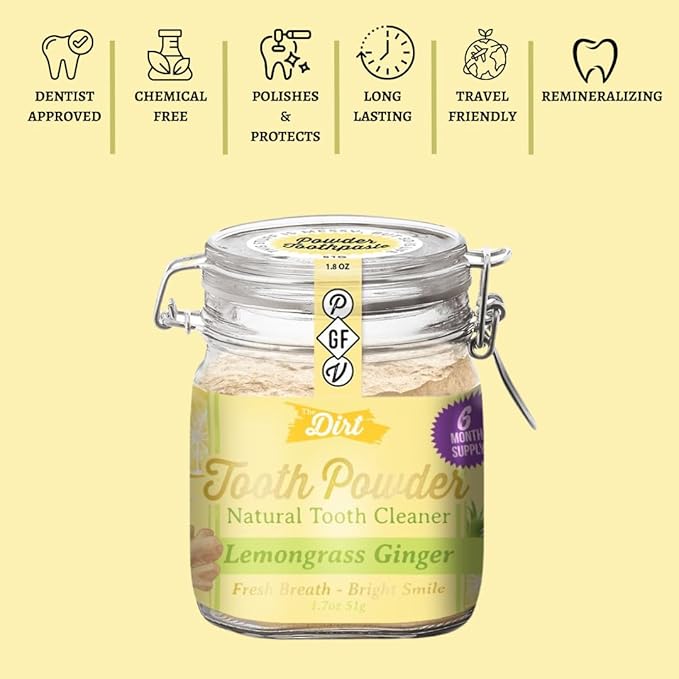 The Dirt - Remineralizing Tooth Powder, Natural Fluoride-Free Teeth Whitening Powder with Hydroxyapatite, Flouride & Gluten Free, Organic Vegan (Lemongrass & Ginger, 51g: 6 Month Supply)