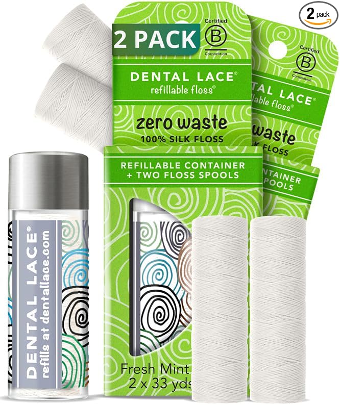 Dental Lace Refillable Silk Dental Floss -100% Silk Floss with Mint Flavor, PFAS & PTFE Free - Includes 1 Refillable Glass Floss Container & 2 Spools (66 Yards) - Recyclable Packaging (Pack of 2)