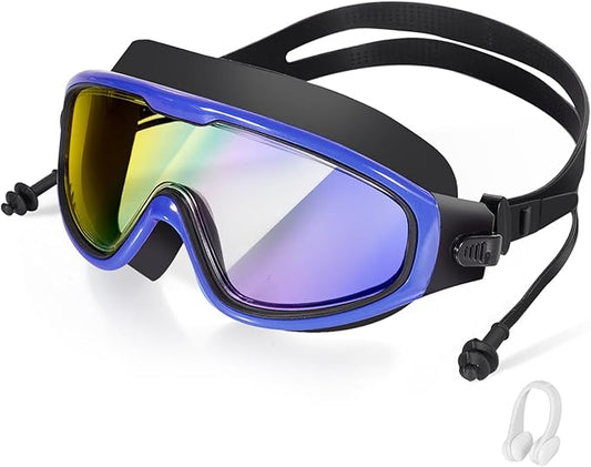 Adult Swimming Goggles,Leak-Proof,Anti-Fog Pool Glasses,Wide View Swim Goggles with Ear Plugs and Nose Clip