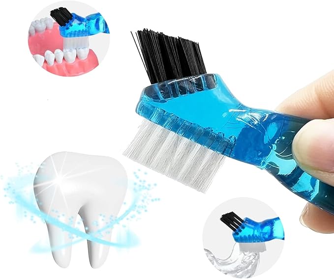 4 Pieces Mini Denture Cleaning Brush Set with Multi-Layered Bristles with Aligner Removal Tool Portable Denture Double Sided Brush for False Teeth Cleaning Easy to Carry 4 Color