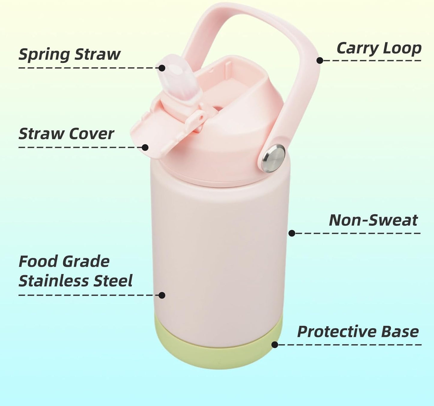 Insulated Water Bottle with Straw Lid,12 oz Stainless Steel Vacuum Metal Bottle with Silicone Handle,Pearl