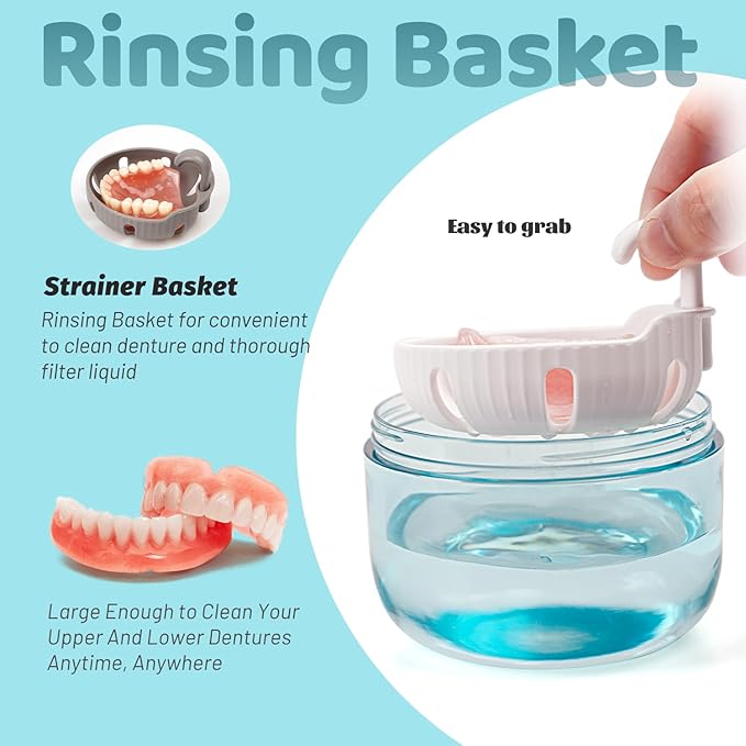 Denture Case, Leak Proof Denture Bath Cup for Travel, Denture Container Cups for Soaking Full & Partial Dentures, Retainers, Mouth Guard with Denture Cleaner Brush, Aligner Removal Tool - White