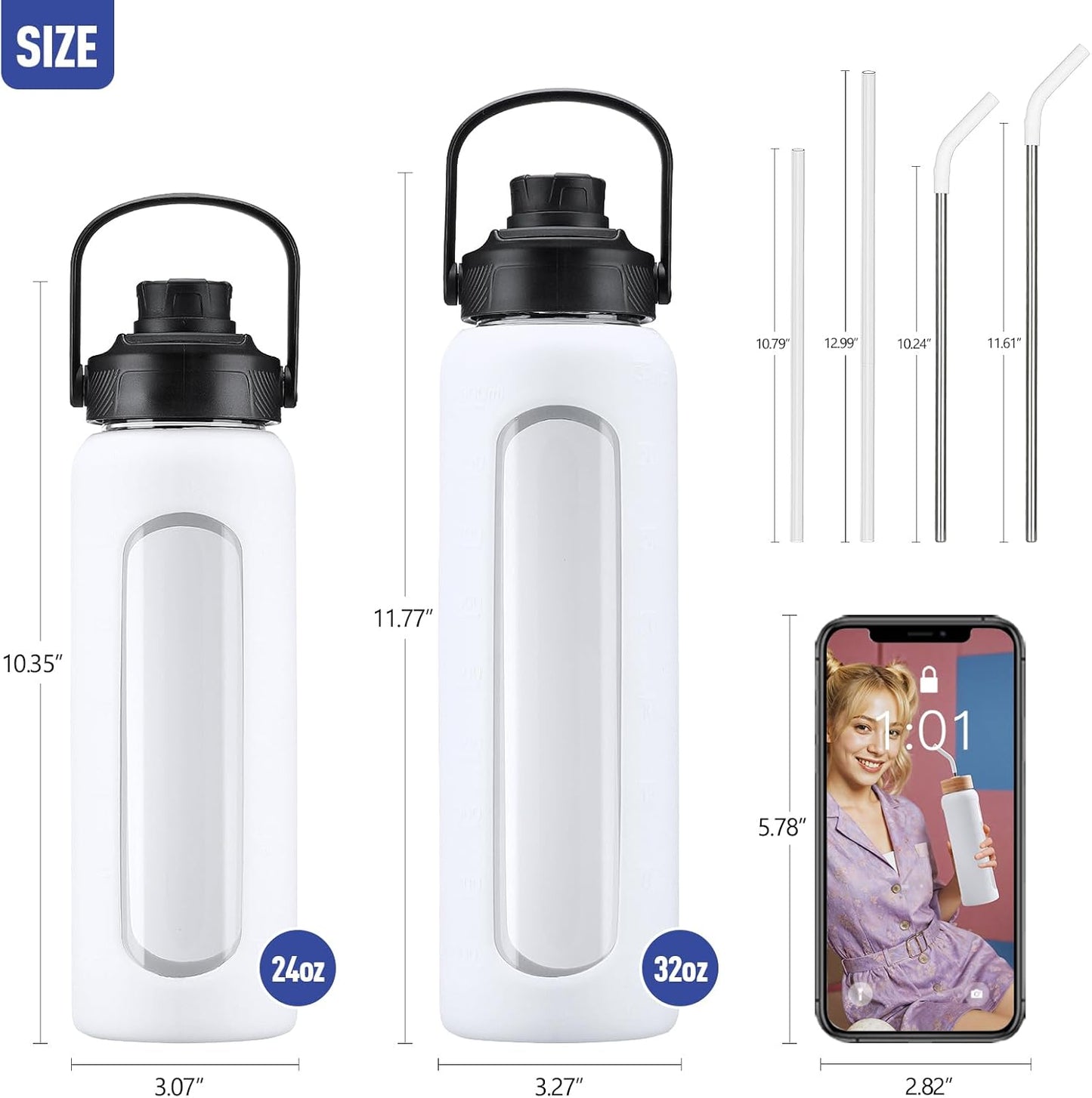 Kodrine Water Bottle with Straw, 24 oz Glass water Bottle with 2 Lids Bamboo Straw Lid and Spout Lid with Handle, 32 oz Clear Water Bottle Glass for Sports Travel, Waterbottle with Time Marker